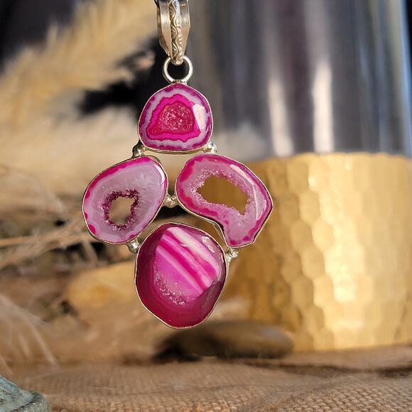 Raw Pink Geode Pendant – Vibrant Crystal Slice + 20" Sterling Silver Chain - Picture 7 of 10